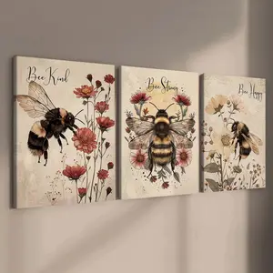 3-Piece Wooden Frame Canvas, Vintage Watercolor Bee Floral Triptych, Modern Art, Waterproof Wall Decor for Home, Office, Bedroom