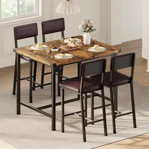 GARVEE Dining Table Set for 4 W/Footrest & Backrest, Counter Height Table with 4 Upholstered Bar Stools, Kitchen Table Set with Corner Protector, for Small Space, Retro Brown