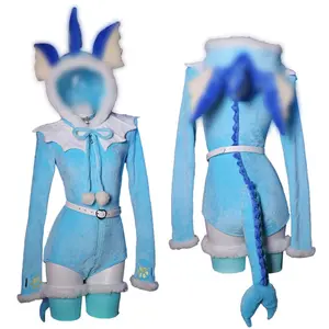 Mobbunny PM Derivative Fluffy Bodycon Romper Blue Furry Hooded Bodysuit Homewear with Tail Belt and Socks Cisplay Costume