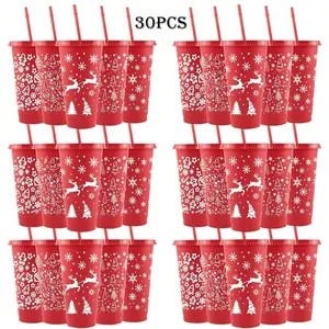 30pcs Christmas Plastic Water Cup With Lids Sippy Cup Party Cup - 24oz Reusable Plastic Hot And Cold Drink Cup With Santa Elk Christmas Tree Snowflake Gingerbread Man Gift Ball Design, 710ml Large Capacity Lightweight Easy To Carry, Christmas  new tumbler