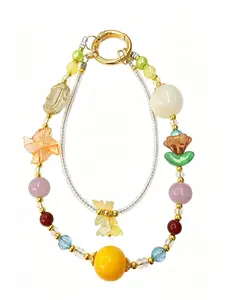 Light Luxury Flash Double Layer Mobile Phone Chain Silver Short Anti-Lost Keychain Bag Pendant with Colorful Beads