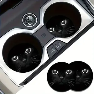 Arrives in CA in as little as 4 business days[Playful Cat Car Coasters] 2pcs Anti-Slip, Shockproof Black Cat Pattern Car Cup Holder Coasters - Playful Cat Design Rubber Car Interior Decoration Accessories for Vehicle Cup Holders