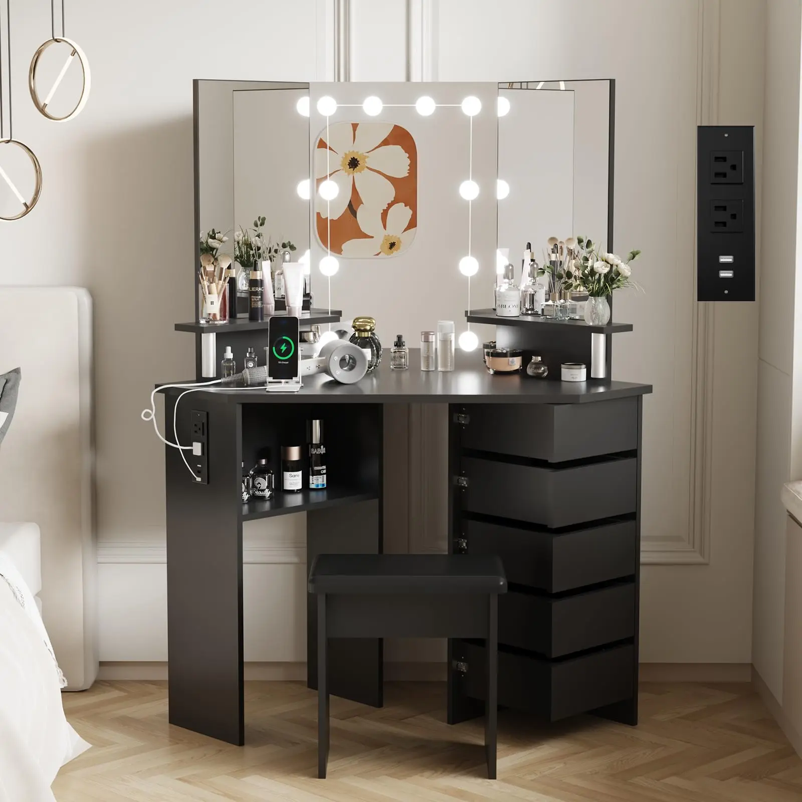 All-in-One Corner Makeup Vanity – 5 Rotating Drawers, 3-Color LED Lights, Power Outlet, Shelves & Stool – Adjustable Brightness Dressing Table for Women, Vanity Set With Chair