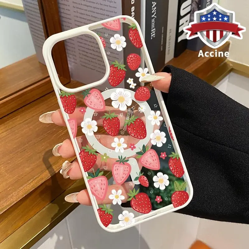 Strawberry Daisy Pattern Magnetic Silicone & Transparent Acrylic Phone Case for iPhone 11-17, Pro Max, XR, XS, Air, Plus - Shockproof, Non-Slip, Wireless Charging-Supporting Smartphone Protector Accessories, Handheld