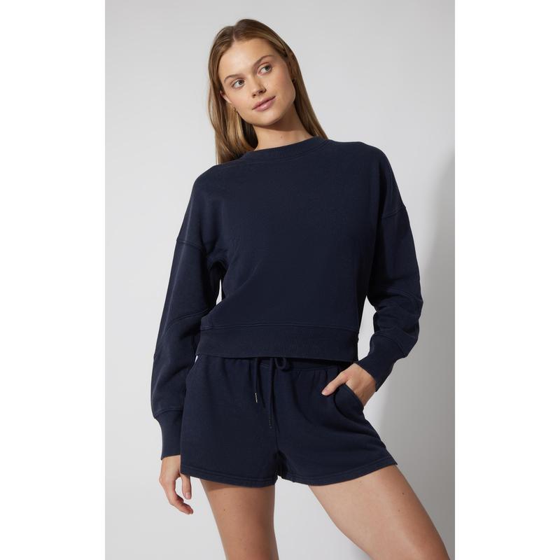 3 PC Washed Loop Terry Crew Neck Long Sleeve + High Waist Short + Sock Set - Our Ocean Core Story