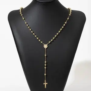 Gold long Necklace for Women Featuring The Virgin Mary, Rosary Cross, Y-shaped Sun Drop Dangles, and a Miracle Medal Pendant Beautiful Gift