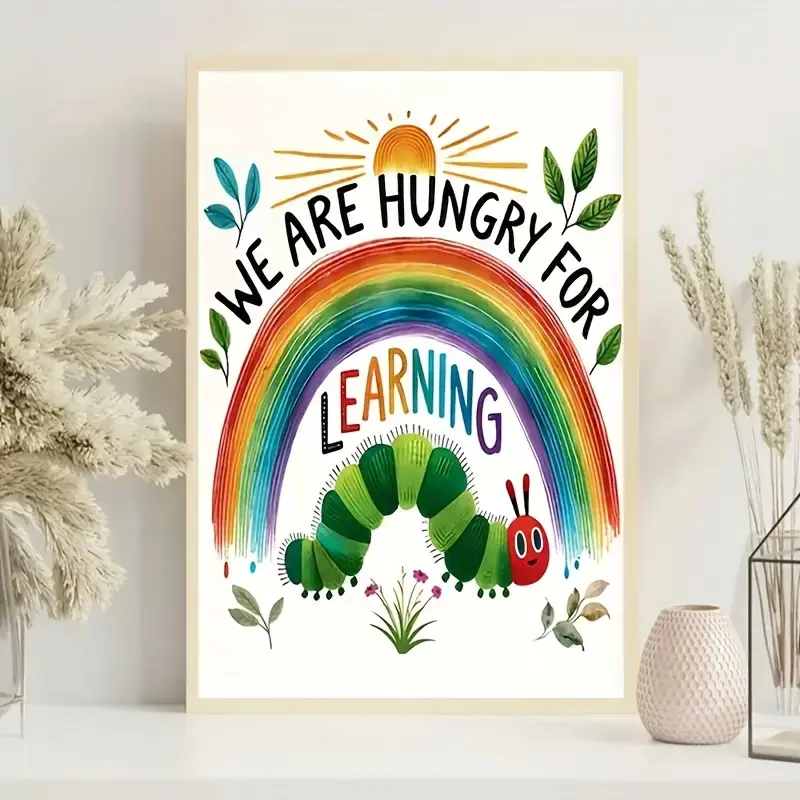 [UNFRAMED POSTER] Frameless Learning Poster - Classroom Decor with 'We Are Hungry for Learning' - Educational Chart - Rainbow, Suitable for CATERPILLAR and Learning Labels - Home School, Room - Wall Decoration, Hungry Caterpillar, Wall Picture,
