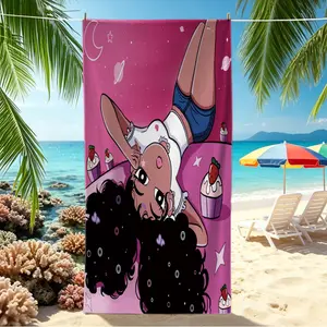 Cute Black Girl Cartoon Print Beach Towel, Pink Starry Cupcake Pool Towel, Quick-Dry Absorbent Camping Towel, Vibrant Print, Aesthetic Kawaii Style, Lightweight Sand-Resistant, Bath Towel Blanket for Girls & Teens, Perfect for Summer Beach, Pool, Travel &
