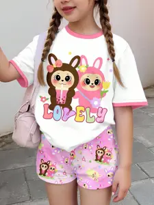Adorable Animal Pattern Fashion Casual Summer Tween Girls Two-Piece Set, Simple Short Sleeve Shorts, Back-To-School Style