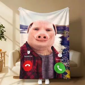 Prank Gag Gift Throw Blanket Funny Pig Head Guy Incoming Phone Call Interface Landscape Background Novelty Meme Art Print, silly humorous birthday gift for friends family joke prank present, soft flannel blanket for home travel outdoor camping use