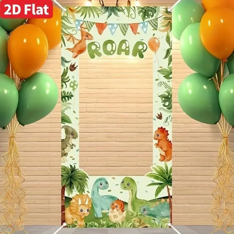 2D Flat Door Banner, Dinosaur Polyester Frame Background, Cartoon Roaring Dinosaur Party Banner, Jungle Animal Theme Decoration