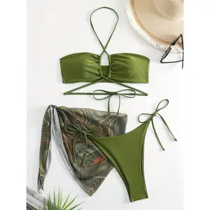 3-piece Lace Up Drawstring Bikini Sets, Criss Cross Halter Neck Bra Top, With Fluid Print Cover Up Wrap, Women's Swimwear & Clothing