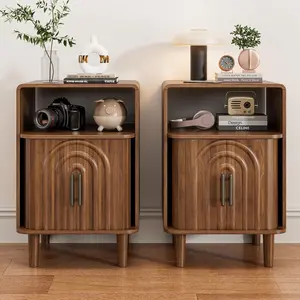 Mid Century Modern Nightstand Set of 2 with Sliding Door, Walnut Side Table with Storage, Dark Brown Small End Table, Vintage Wood Bedside Table Night Stand for Bedroom, Space Saving