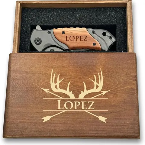 Engraved Pocket Folding Knife for Men with Wooden Box - Custom Personalized Camping Gear, Ideal Father's Day, Memorial Day, Boyfriend Birthday Gift (Grey)