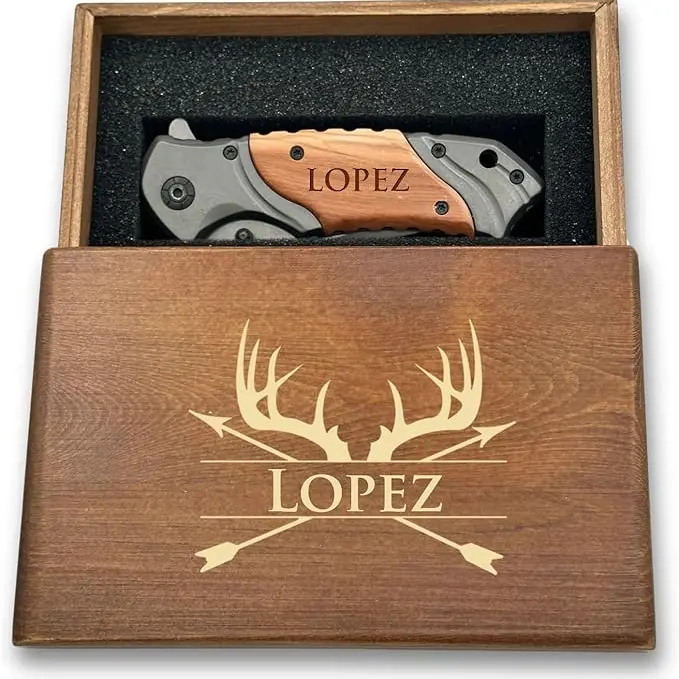 Engraved Pocket Folding Knife for Men with Wooden Box - Custom Personalized Camping Gear, Ideal Father's Day, Memorial Day, Boyfriend Birthday Gift (Grey)