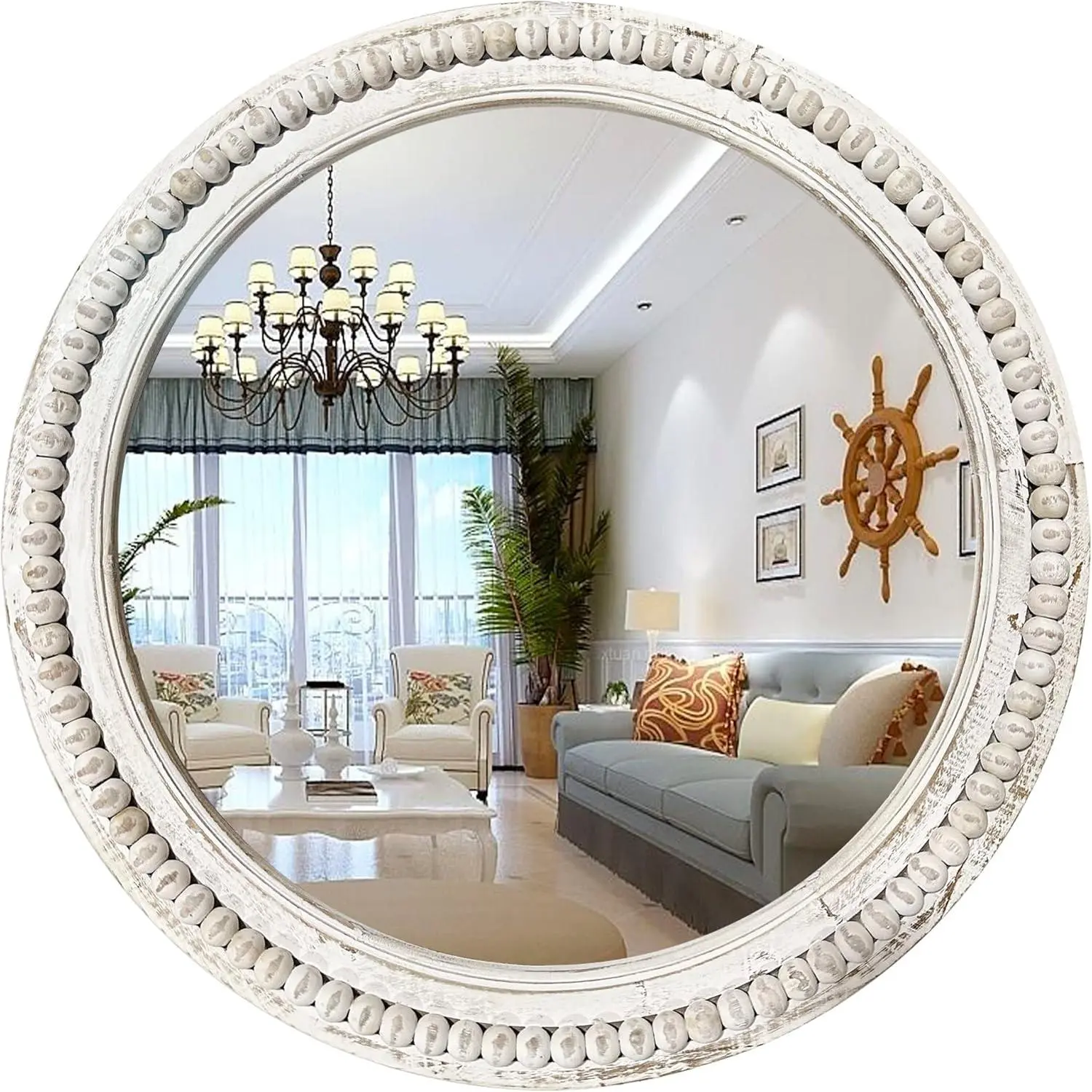 Rustic Round Wall Mirror, 24 Inch  Circle Mirror with Beads, Decorative Farmhouse Mirror for Living Room, Bedroom, Kitchen, Entryway (White)