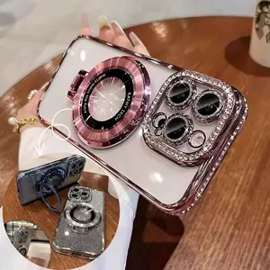 Rhinestone Decor Phone Case with Phone Holder, Fashion Phone Protective Case, Shockproof Phone Cover for iPhone 16 15 14 13 12 Pro Max