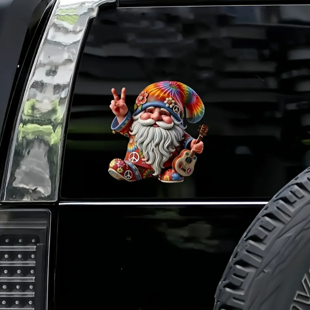 1PC ye-Catching Vintage Hippie Rainbow Gnome-Style Logo Sticker For Car Windows, Decor Items Rainbow Gnome + Peace Sign + Ukulele Decor Fill With Vintage Hippie Style Enthusiast's Free Casual Vibe Easily Grasp Vintage Hippie Trend Style Car Decals