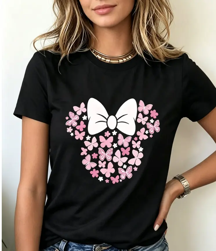 SohoChic- Fun Printed Short Sleeve, Sweet Floral Butterfly And Bow Pattern, Women'S Fashion Casual Short Sleeve T-Shirt Blouse, Trendy Individual Fun Printed Comfortable Round Neck Base Layer, Suitable for Gift T-Shirt, Comfortable Breathable Sweatshirt