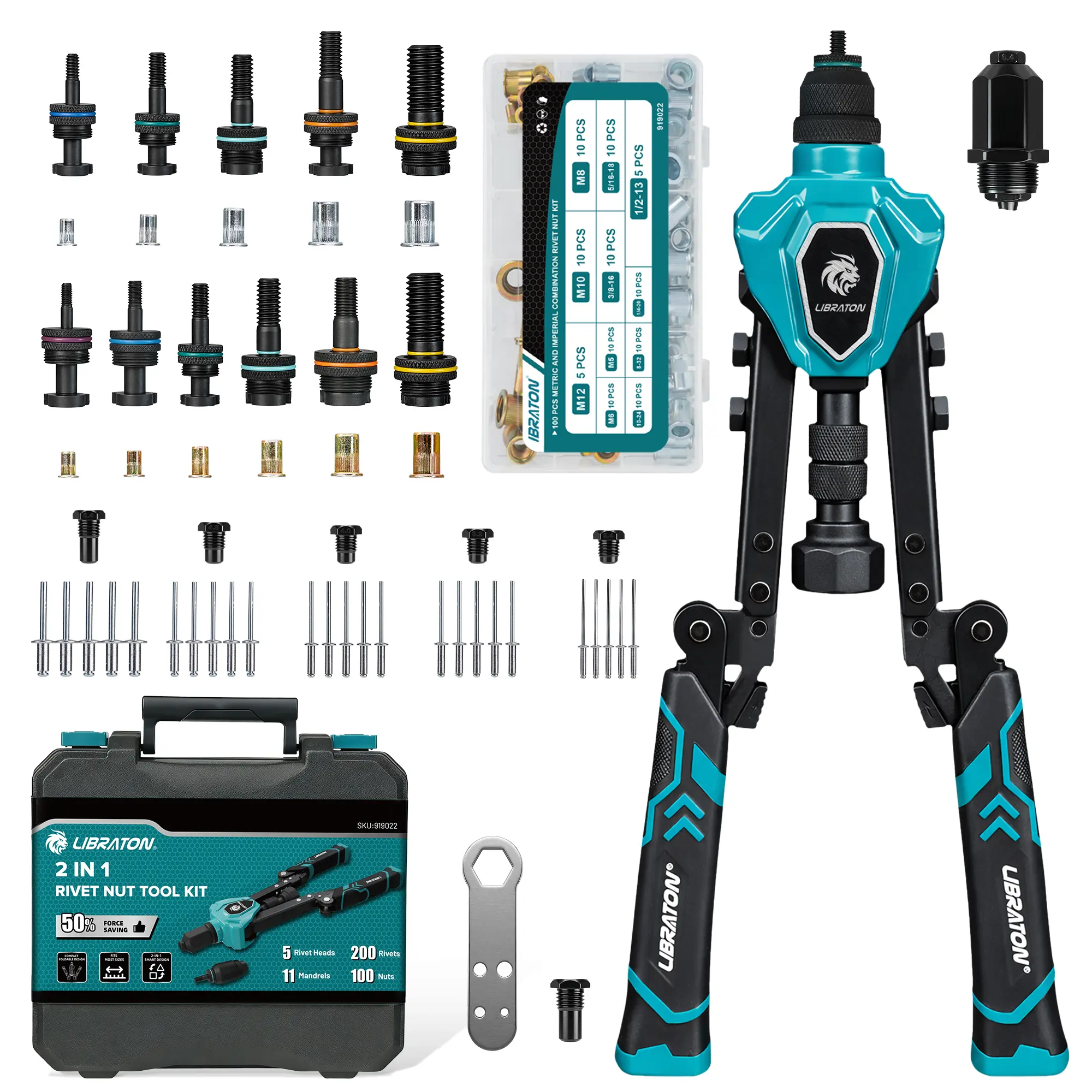 LIBRATON 2in1 Rivet Nut Tool and Rivet Gun Kit Folding, with 11 Mandrels (Metric & SAE) & 5 Nose Pieces (2.4-6.4mm), Includes 100 Nuts & 200 Pop Rivets, Folding Heavy Duty Hand Tool for DIY & Repair