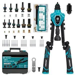 LIBRATON 2in1 Rivet Nut Tool and Rivet Gun Kit Folding, with 11 Mandrels (Metric & SAE) & 5 Nose Pieces (2.4-6.4mm), Includes 100 Nuts & 200 Pop Rivets, Folding Heavy Duty Hand Tool for DIY & Repair
