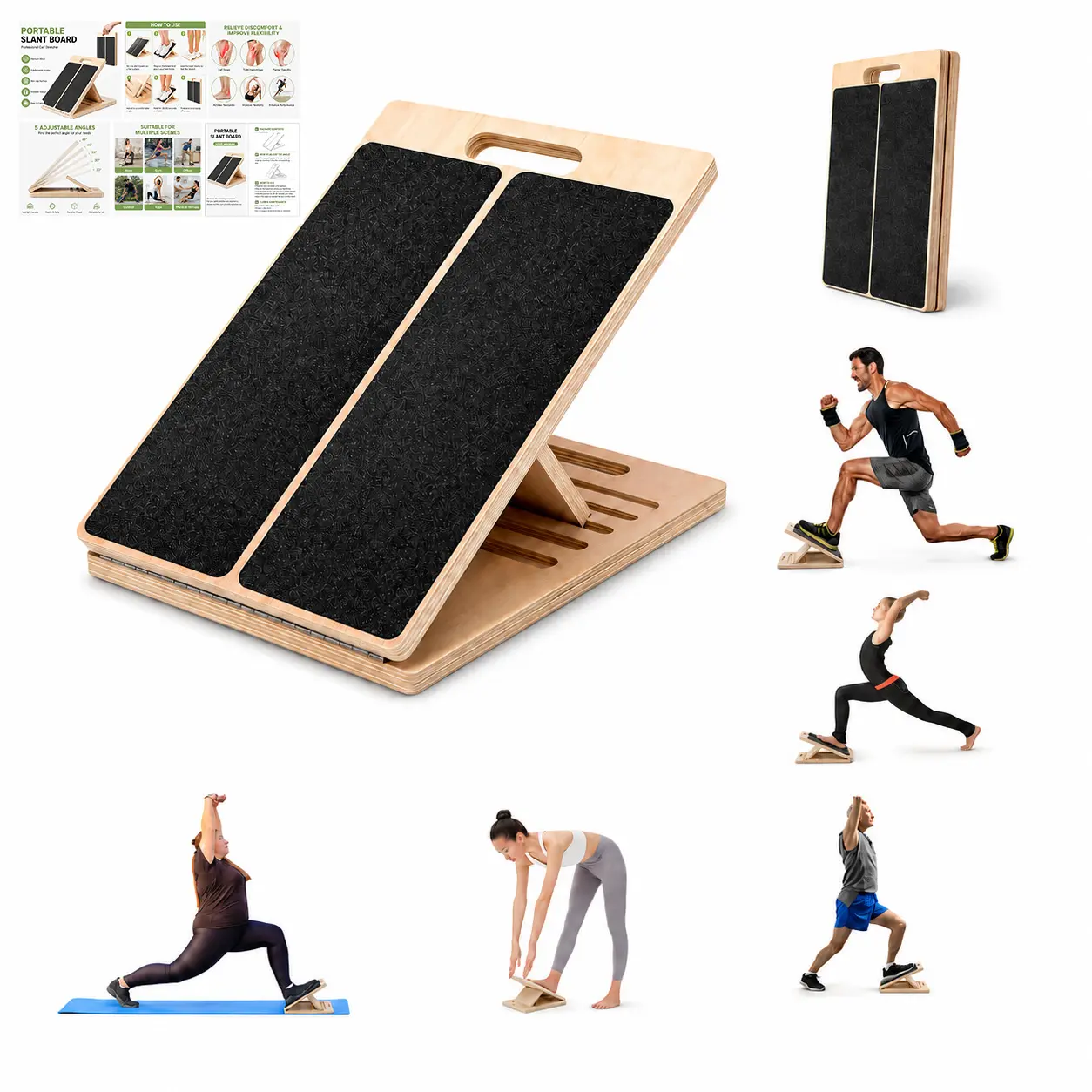 Adjustable Wooden Slant Board, Foldable Heavy-Duty Calf Stretcher with Anti-Slip Top, 5 Angles for Squats and Outdoors, 500 lbs, Sturdy, 5 Pounds Stretching Tool
