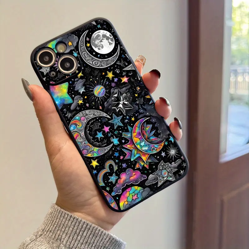 Colorful Stars & Moon Aesthetic Silicone Smartphone Case - Shockproof Protection for Multi-Model iPhones (11-16, Pro Max, XR, Plus), Black, Teen Gift, Cellphone Handheld Devices Accessory