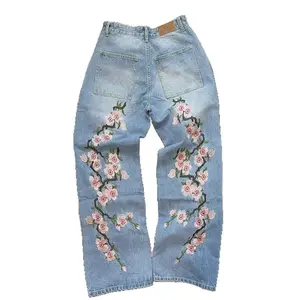 2025 Spring and Summer American Retro Floral Embroidered Baggy Jeans for Men and Women, Casual Loose Long Pants, Streetwear Denim Trousers, Suitable for Everyday and Rainy Days, Men's Multi - Flap Cargo Style