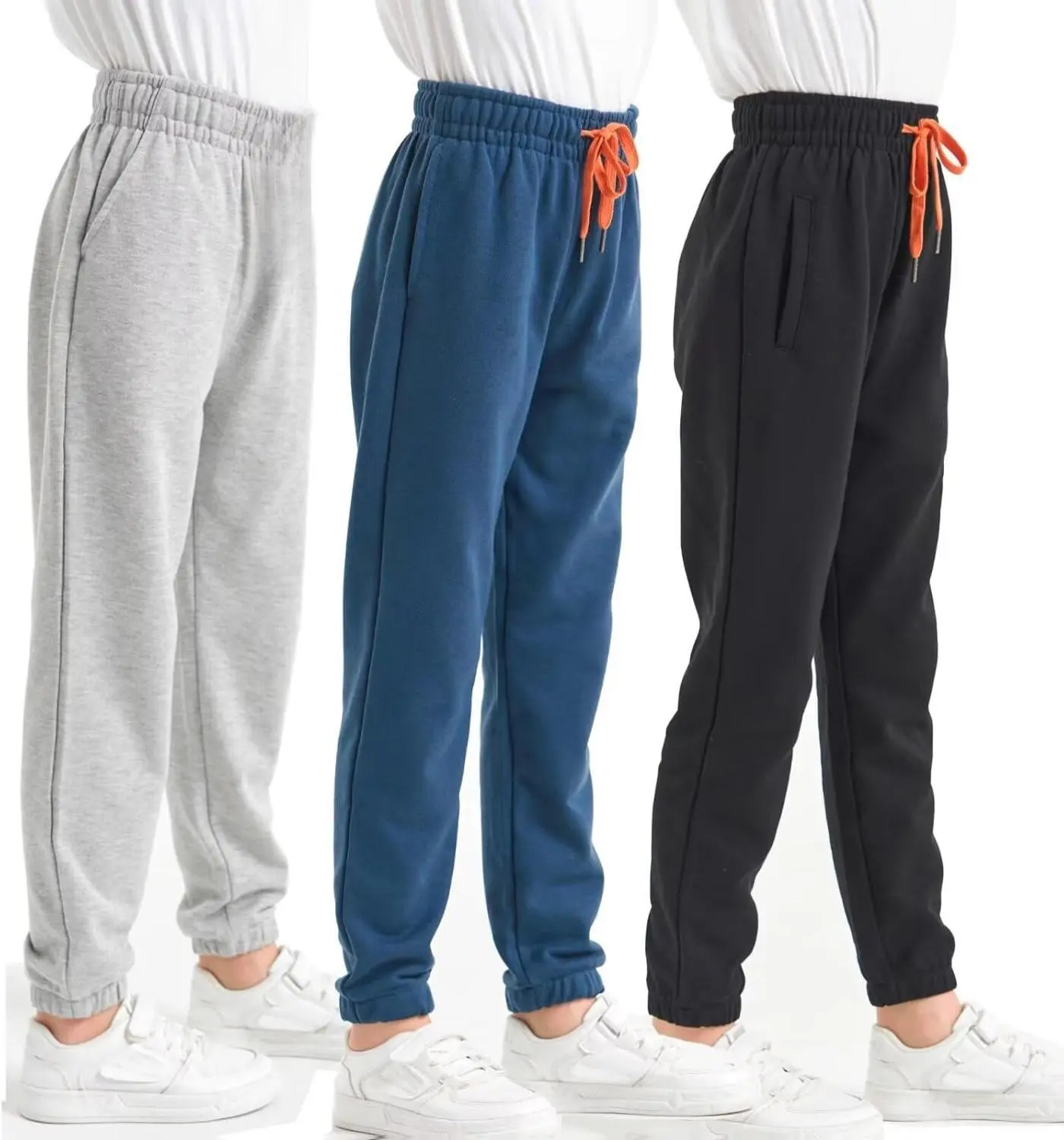 Boys' Cotton Jersey & Cotton Blend Sweatpants 3-Pack, Pocketed Colorful Matching Joggers with Elastic Waistband, Adjustable Drawstring, Well-Cut Stylish Shape, All Seasons Athletic Trousers for 4-14 Years Kids, Back To School Haul, Sporty Chic
