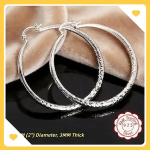 925 Silver Plated Hammered Hoop Earrings | 50mm (2") Diameter, 3mm Thick, Tarnish-Resistant & Hypoallergenic Textured Large Hoops for Women, Versatile Daily Statement Jewelry, Perfect Gift for Your Loved One