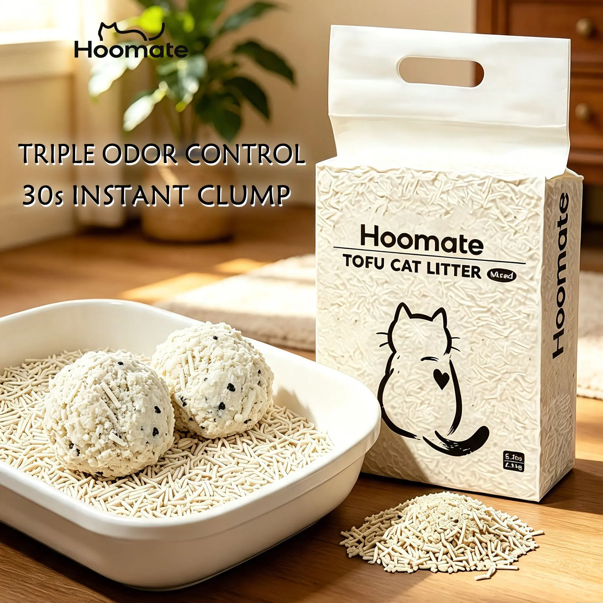 Hoomate Plant-Based Tofu Cassava Cat Litter - Universal Deodorization, 0 Odor Guaranteed, 30s Fast Clump Rock-Hard Clumping, Fast Absorbing, Easy Scoop, Flushable Odour Control Pet Litter