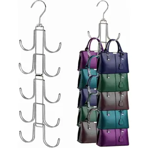 Handbags Purse Organizer for Closet: Bag Rack Hanger with 10 Big Hooks - 360° Rotation Purse Hanger for Display - Collapsible Space Saving for Handbag Belt Scarve Tie - 1 Pack Silver