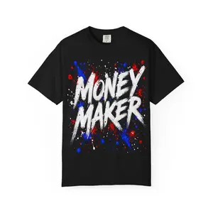Money Maker Graphic T-Shirt | Bold Graffiti Text, Red & Blue Splatter