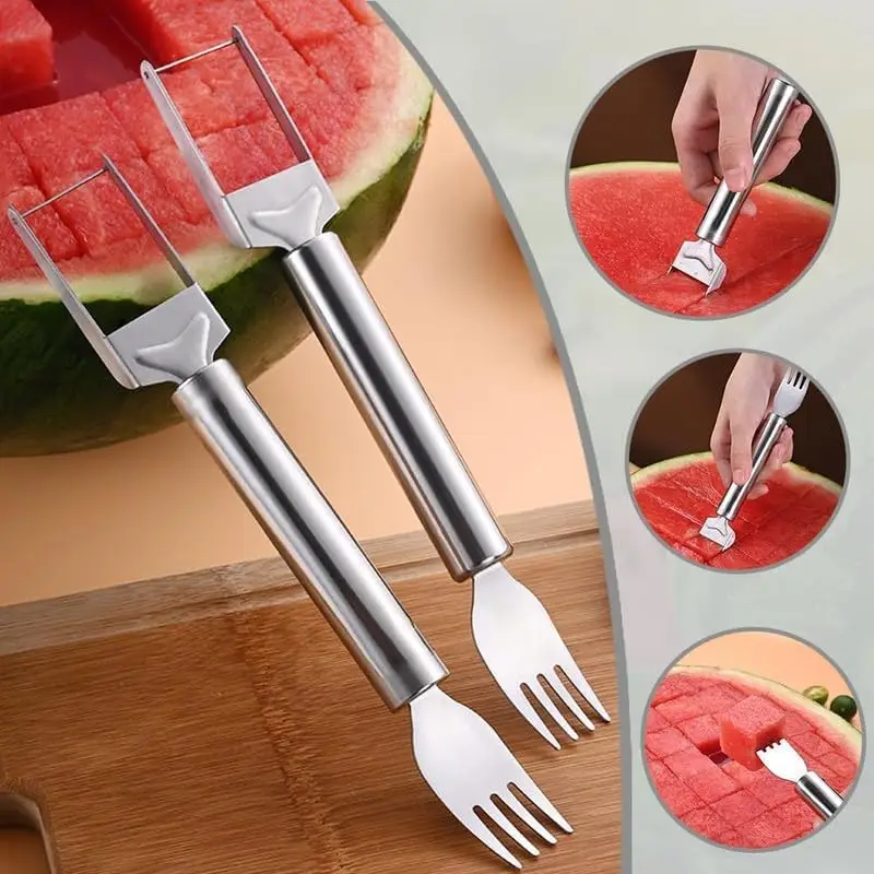 Watermelon Fruit Fork and Slicer Combo – 2-in-1 Stainless Steel Cutter with Round Handle, Ideal Kitchen Tool for Easy Fruit Cutting