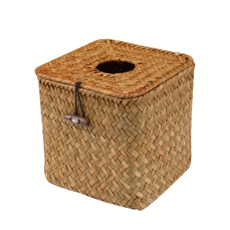 [Natural Seaweed Wicker Tissue Box] Square Natural Seaweed Wicker Tissue Box Holder - Unfinished Refillable Napkin Dispenser with Hinged Top Cover for Home & Bathroom Decor Disposable