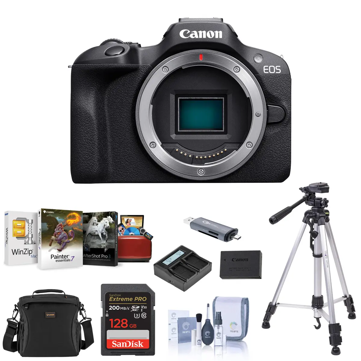 Canon EOS R100 Compact Wireless Mirrorless Camera Bundle with Extra Battery, 128GB Memory Card, Dual Charger, Tripod, and Software Kit