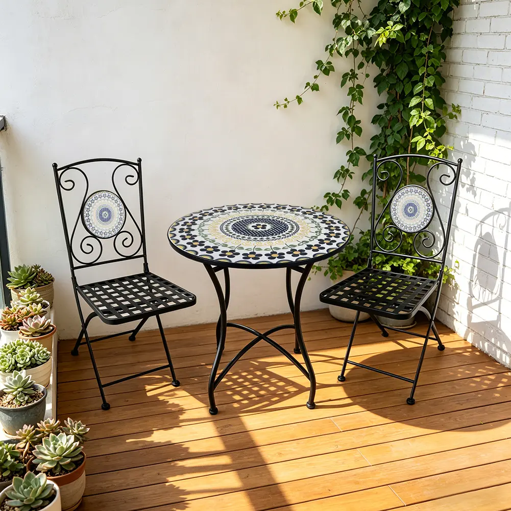 2-Pack Foldable Wrought Iron Bistro Folding Chairs with Ornate Mandala Ceramic Tile Backrest & Grid Seat, for Garden, Balcony Outdoor Leisure (Home Improvement Garden Supplies), Folding Chair