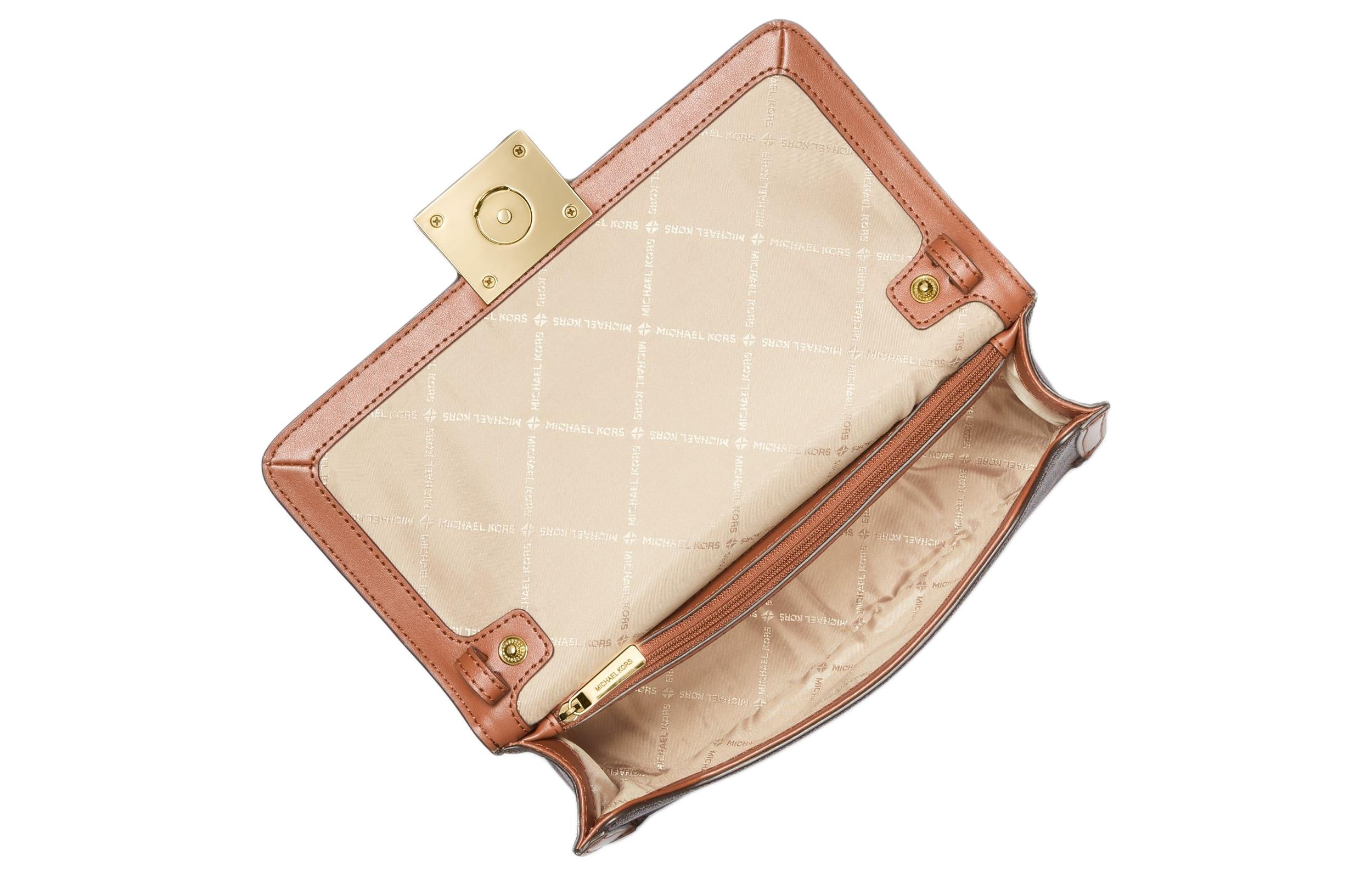 Michael Kors Sonia Medium Logo Shoulder Bag - Brown/Acorn Chain Flap Crossbody, Signature Print Satchel, MK Designer Handbag Michael Kors Sonia Medium Logo Shoulder Bag - Brown/Acorn Chain Flap Crossbody, Signature Print Satchel, MK Designer Handbag