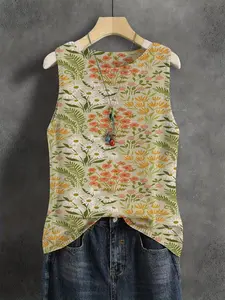 Elegant Women's Cartoon Flower Patchwork Round Neck Sweater Vest, Casual Sleeveless Knit Top, Breathable Fashion for Spring Summer Fall