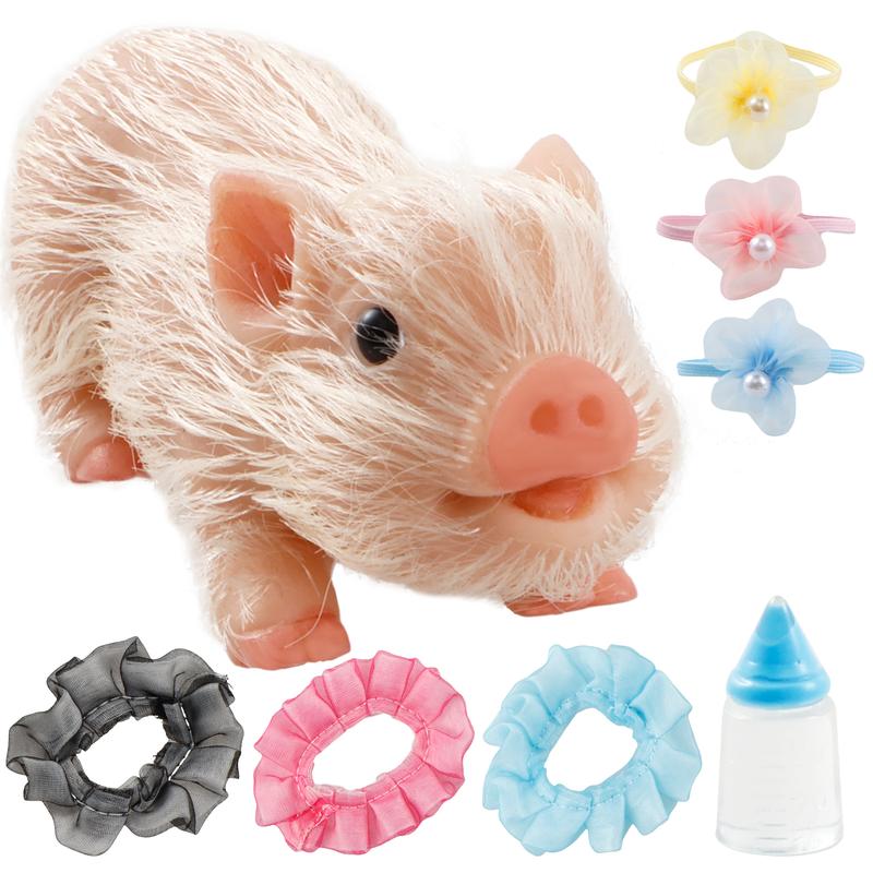 Halloween Gifts 5" Silicone Pig Mini Soft Lifelike Full Body White Figurine Water Proof Christmas Toys with 3 Accessories & Bottle OR Stocking Stuffers Party Favors Assortment