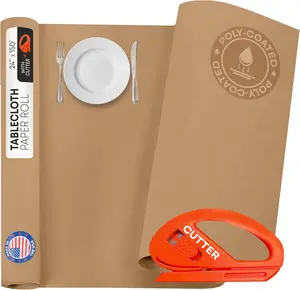 IDL Packaging Brown Tablecloth Paper Roll 24" x 1800" (150 feet, 300 sq.ft) with Cutter - USA-Made Natural Poly-Coated Paper Table Runner - 100% Recycled Disposable Kraft Material for Table Covering