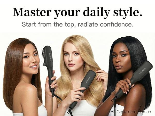 MEGAWISE Pro Ceramic Ionic Hair Straightener Brush - 20s Fast Heating, Frizz Control, Auto-Off, Dual Voltage, Plug Powered Home Salon Tool for Women with Thick Hair, Black