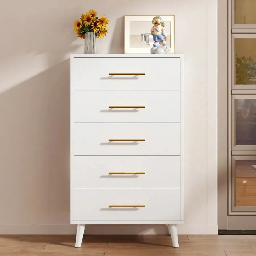 5 Drawer Storage Cabinet, Tall Chest Of Drawers, Christmas And New Year Gift Vertical Storage Cabinet, Dressing Table  With Metal Handles, Wood Storage Organizer Dresser Nursery Dresser