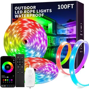 100ft(2x50ft) Outdoor led Strip Lights  IP68, RGB Outdoor led Lights with Button &  App Control,  Sync, Timer, Exterior Led Rope Lights for Decor Balcony, Roof