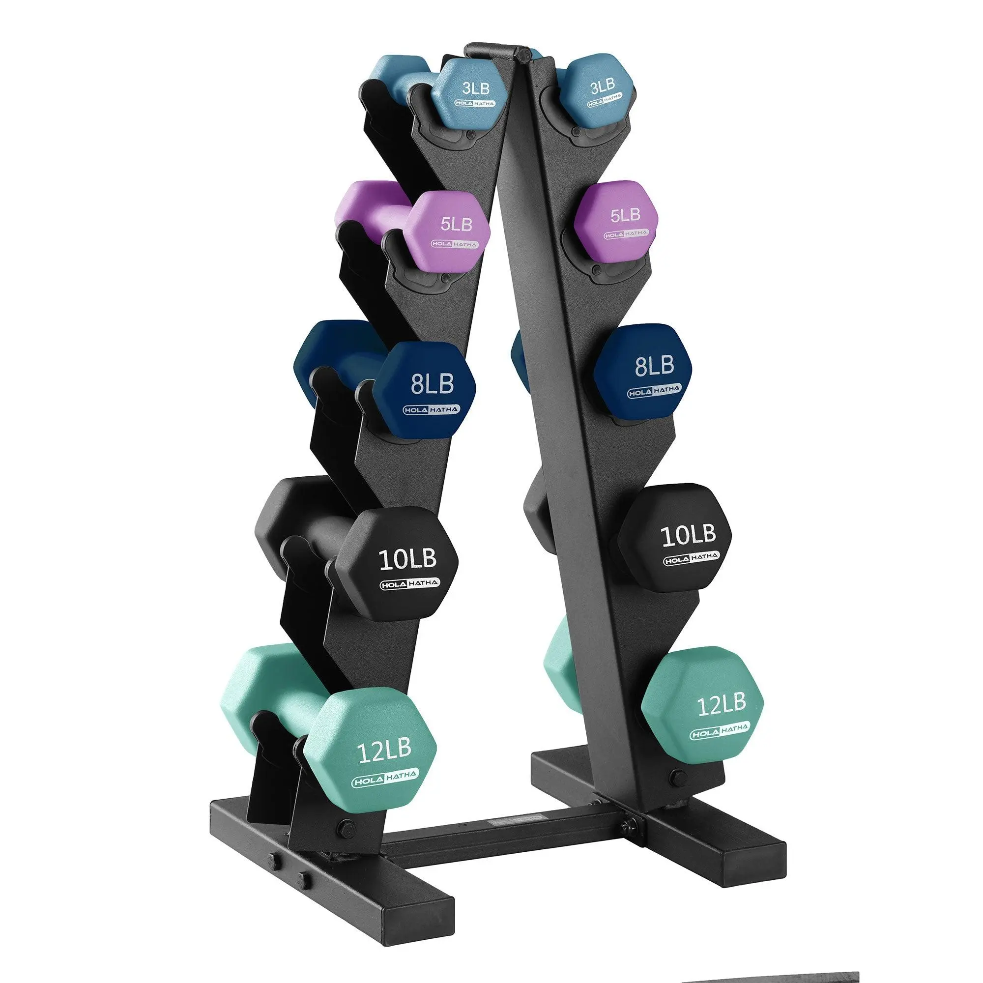 HolaHatha 3, 5, 8, 10 & 12 Pound Neoprene Dumbbell Weight Set with Storage Rack dumbbell rack HolaHatha 3, 5, 8, 10 & 12 Pound Neoprene Dumbbell Weight Set with Storage Rack dumbbell rack