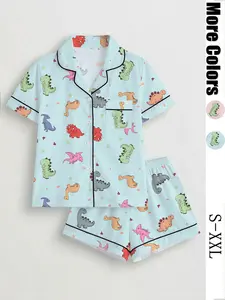 Energetic Dinosaur Print Summer Pajama Set, Loose Breathable Turn-Down Collar Short Sleeve Two-Piece, Essential Summer Home Wear, Dual Color Options