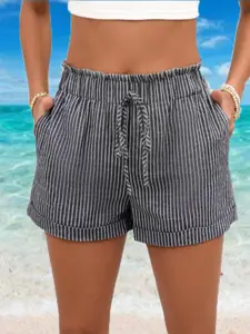 Women's Solid/Striped Print Tie Waist Shorts, Casual Comfy Shorts for Summer, Ladies Bottoms for Beach Vacation Holiday