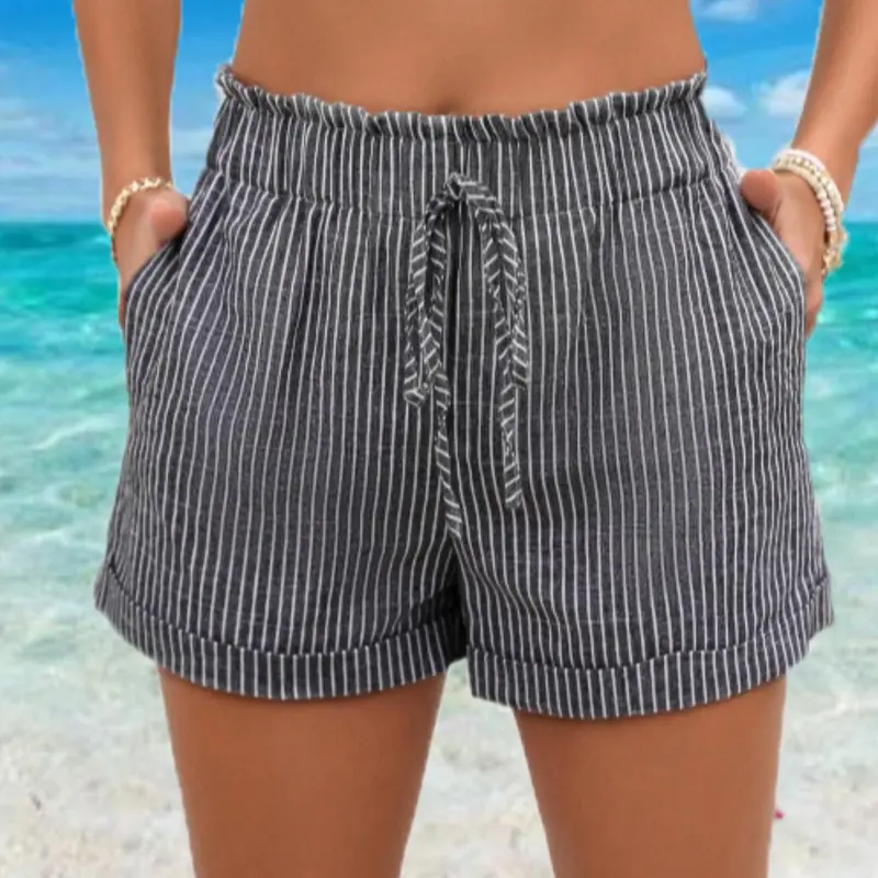 Women's Solid/Striped Print Tie Waist Adjustable Fitted Shorts, Casual Comfy Shorts for Summer, Ladies Bottoms for Beach Vacation Holiday, Breathable Shorts, Beach Shorts Clothes