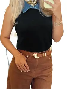 Chic Women's Black Sleeveless Sweater Vest with Denim Collar - Casual Knit Top for Summer Daily Wear