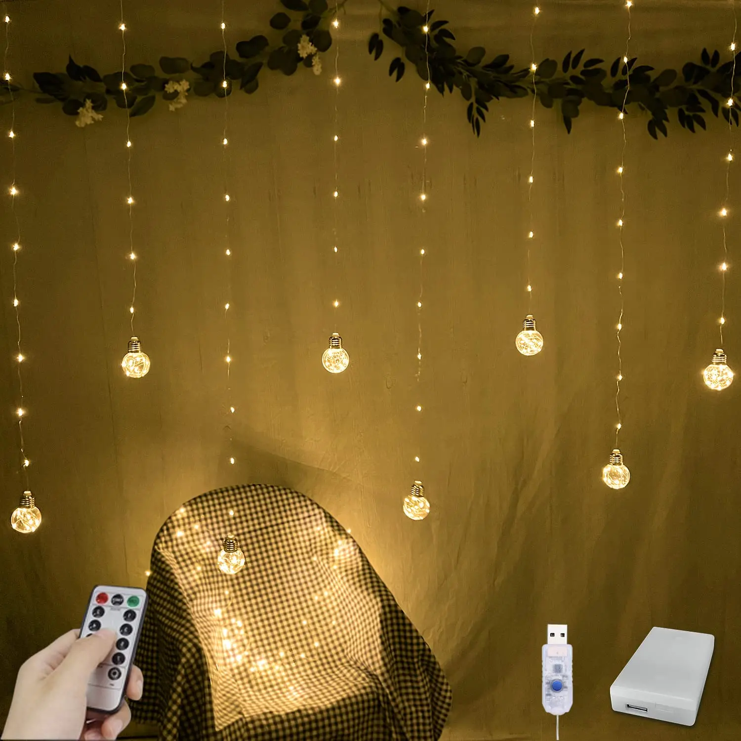 Wishing Ball Curtain Lights 200 Led Window String With Remote  Usb Twinkle Globe Fairy For Wedding Party Bedroom Christmas Decoration (warm White)